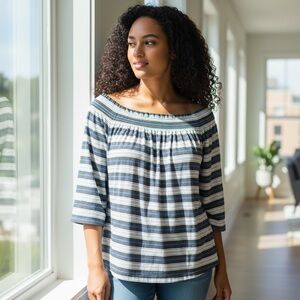 J.Jill Sz L Smocked Neckline Blue White & Grey Stripe linen blend